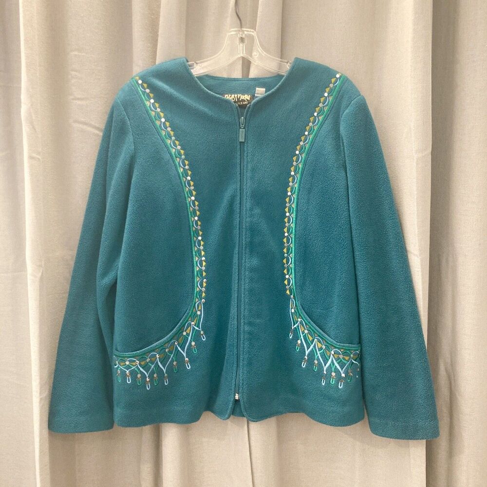 Bob Mackie Wearable Art Fleece Zip Up Jacket Teal Embroidered Size Large